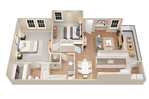 a 3d floor plan of a home with a bedroom and living room